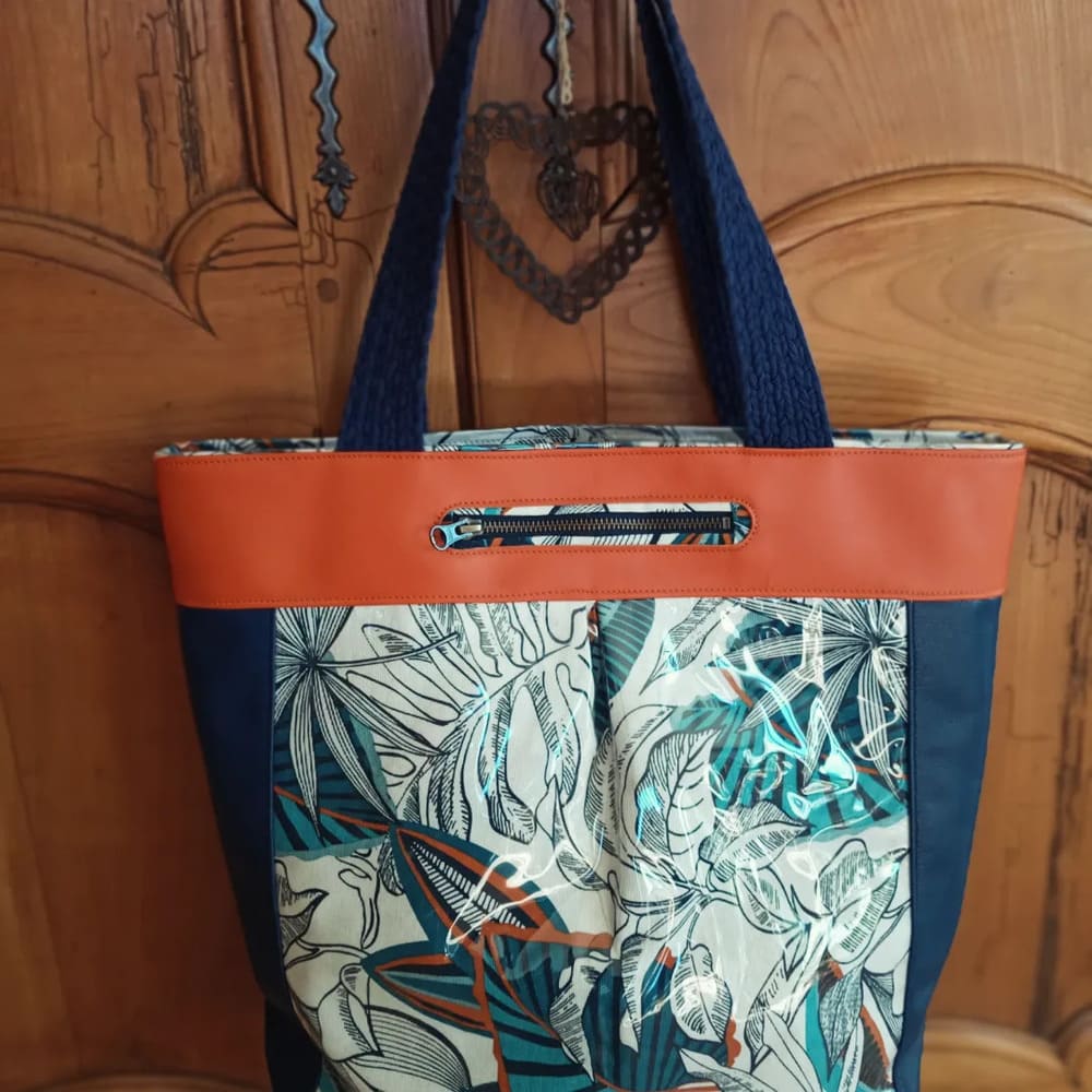 Sac cabas Amaryllis cuir et textile orange et bleu – Image 2