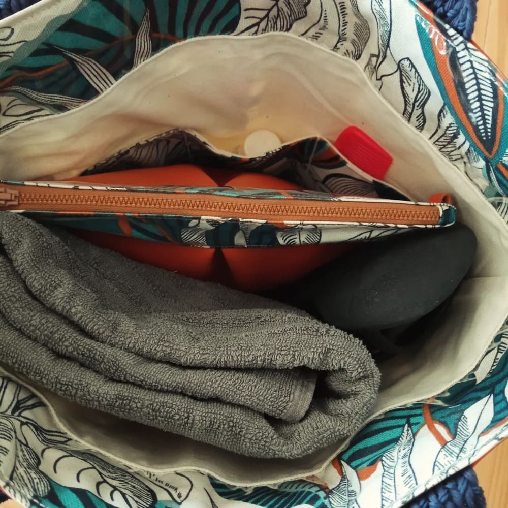 Sac cabas Amaryllis cuir et textile orange et bleu – Image 3