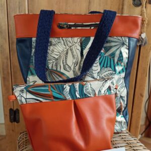 Sac cabas Amaryllis cuir et textile orange et bleu