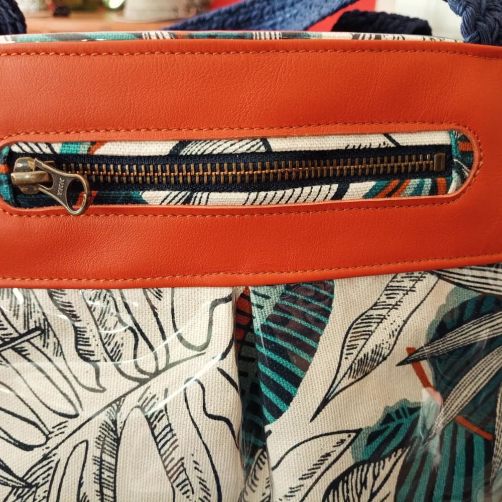 Sac cabas Amaryllis cuir et textile orange et bleu – Image 4